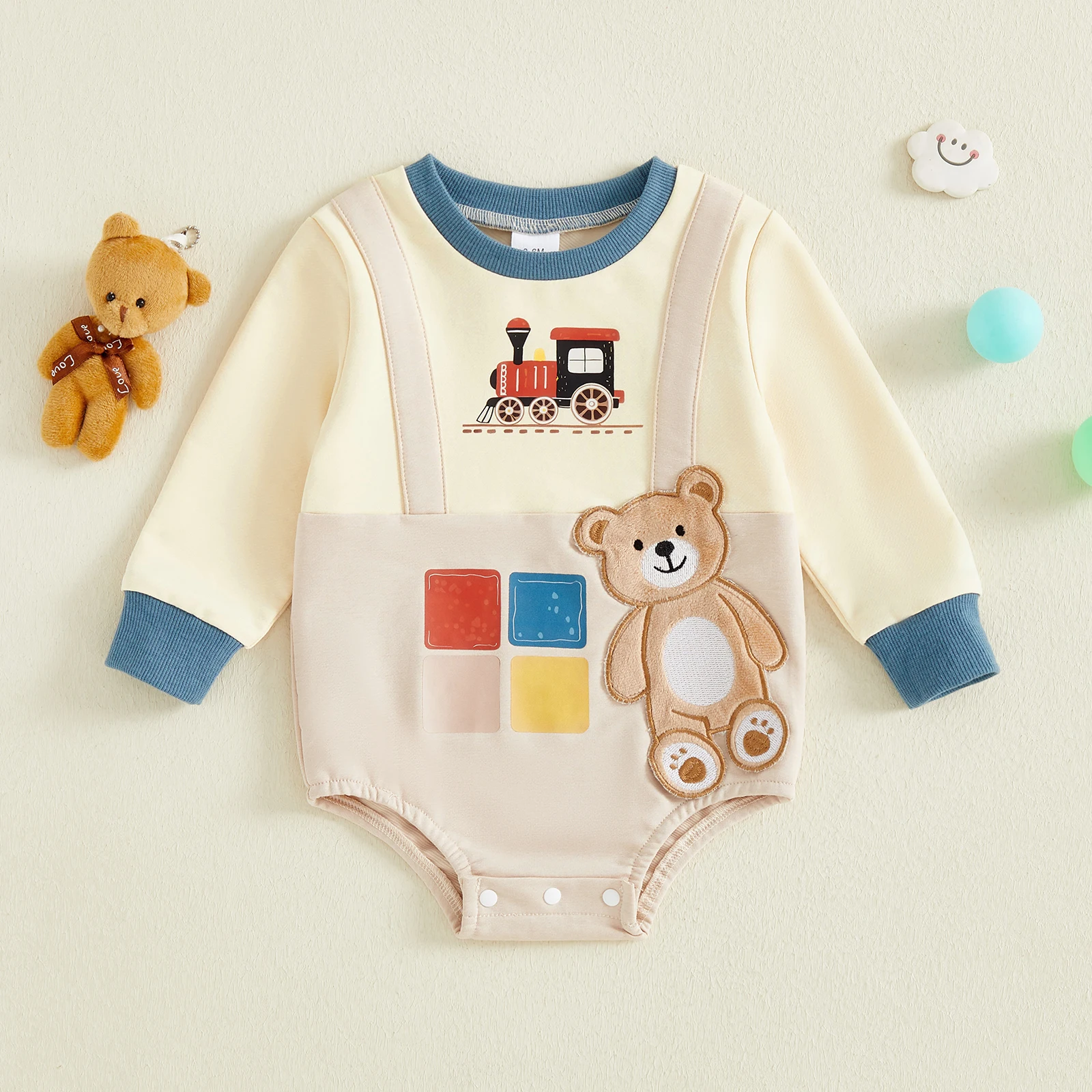 

Детский комбинезон для мальчиков с вышивкой медведя, осенний, с длинным рукавом, круглым вырезом, хлопковый, с принтом поезда, для новорожденных и малышей