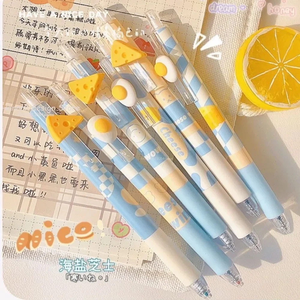 6Pcs Kawaii Ballpoint Pen Set Cartoon Cheese Press Ballpoint Pen for Students Cute 0.5mm Black Refill Office School Stationery