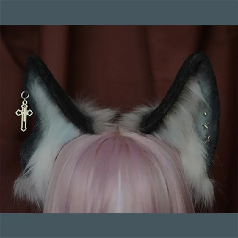 Handmade Anime Beast Animal Black White Wolf Fox Ears Hairhoop Headwear Simulation Beast For Lolita Carnaval Gothic Cosplay