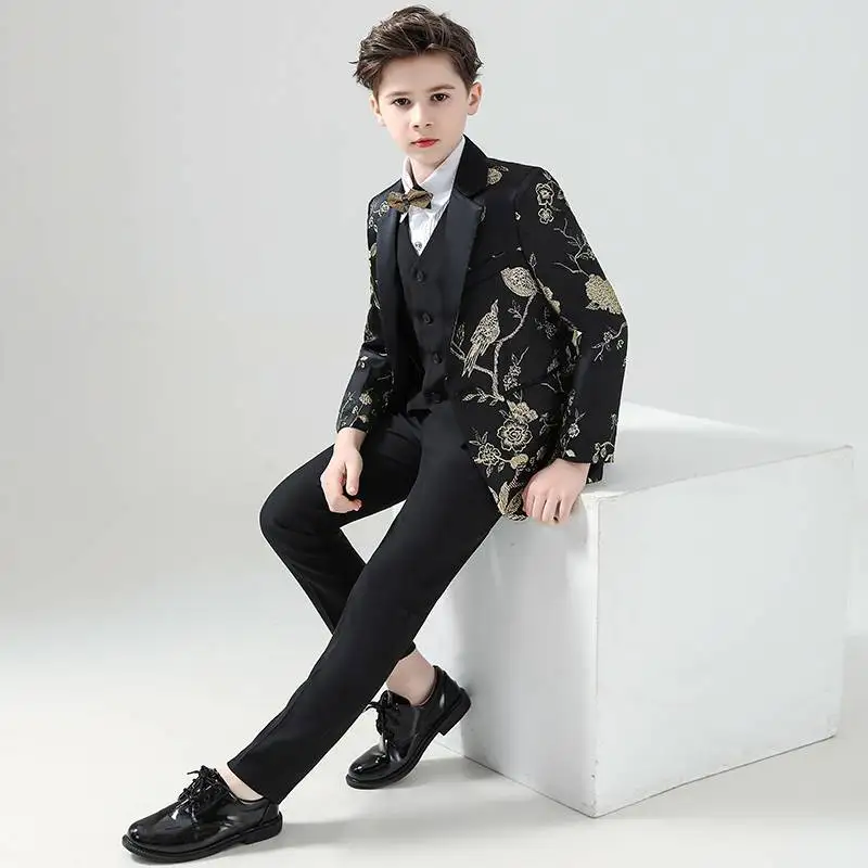 

Handsome Black Gold Floral Boys Suit Wedding Tuxedos For Kids Blazer Vest Pants 3 Piece Children Party Suits Fashion Clothes