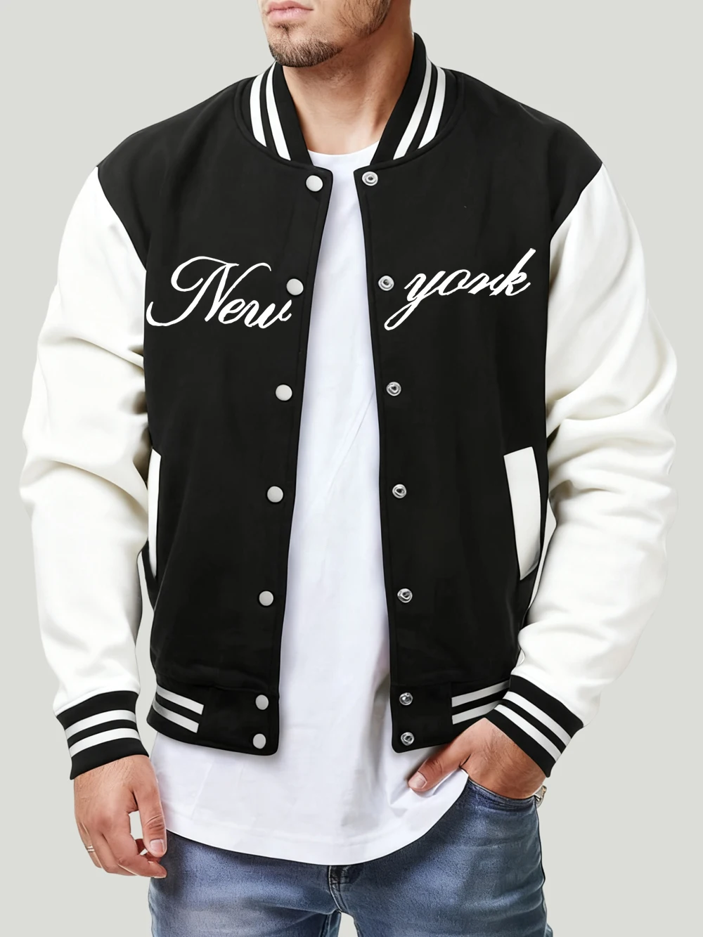 

New York Printing Baseball Coat Men'S Winter Casual Jackets Comfortable Basics Pocket Sportswear Fleece Warm Loose Men Clothes