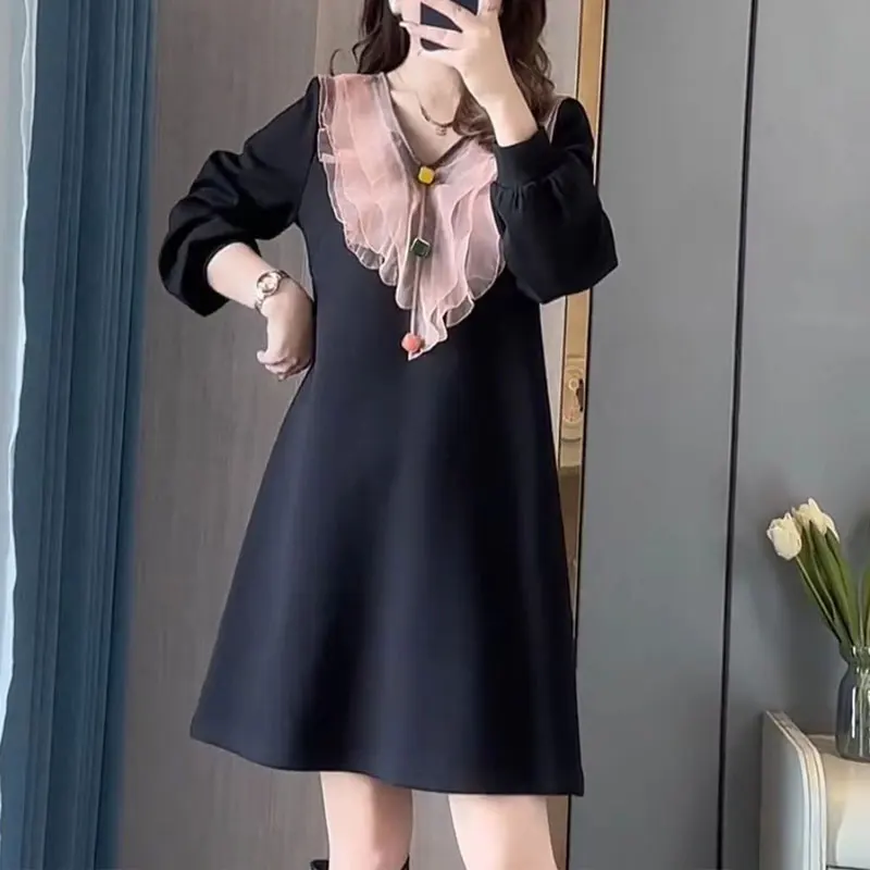 Commute Elegant Ruffles Spliced Midi Dress Button Spring Autumn Casual V-Neck Female Clothing Basic Long Sleeve A-Line Dresses