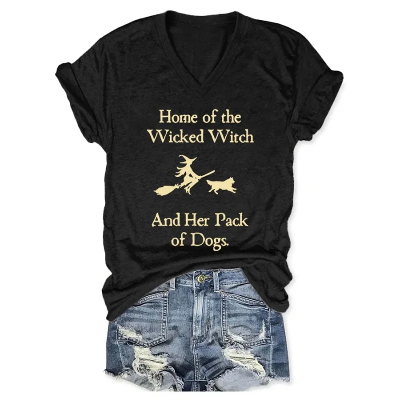 ilstile Women's Halloween Witch Dog Print T-Shirts Summer Short Sleeve Casual Loose V Neck Tops Tees New Arrival