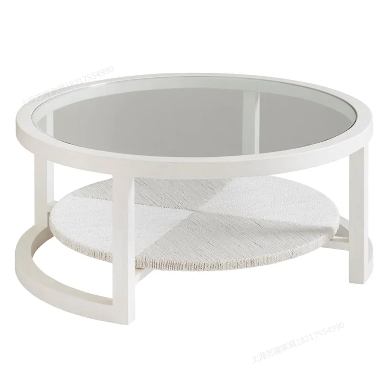 Mesa de café em madeira maciça vintage, Luxo leve, Laca nórdica esculpida, Toda a madeira maciça, Vidro de madeira redondo