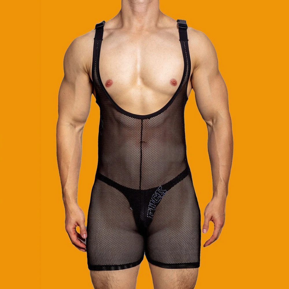 Mens sexy tight-fitting solid color mesh see-through jumpsuit shaping breathable sexy suspenders home underwear for men