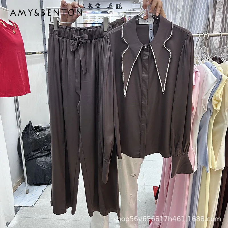 

Elegant Commuter Style Pointed Neck Diamond-encrusted Loose Shirt Top Elastic Waist Wide-leg Trousers Two-piece Set Women's Suit