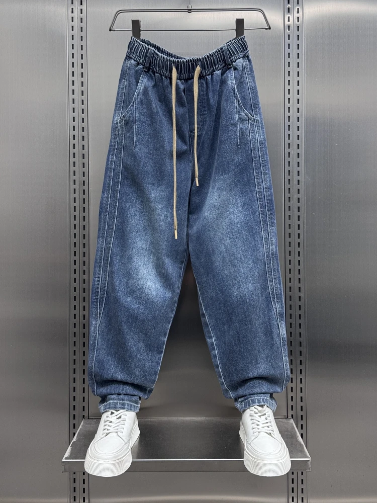 

Men's Dstring Patchwork Straight Leg Jeans Summer 2025 Harem Carrot Pants American High Street Casual Nine-Piece Pants