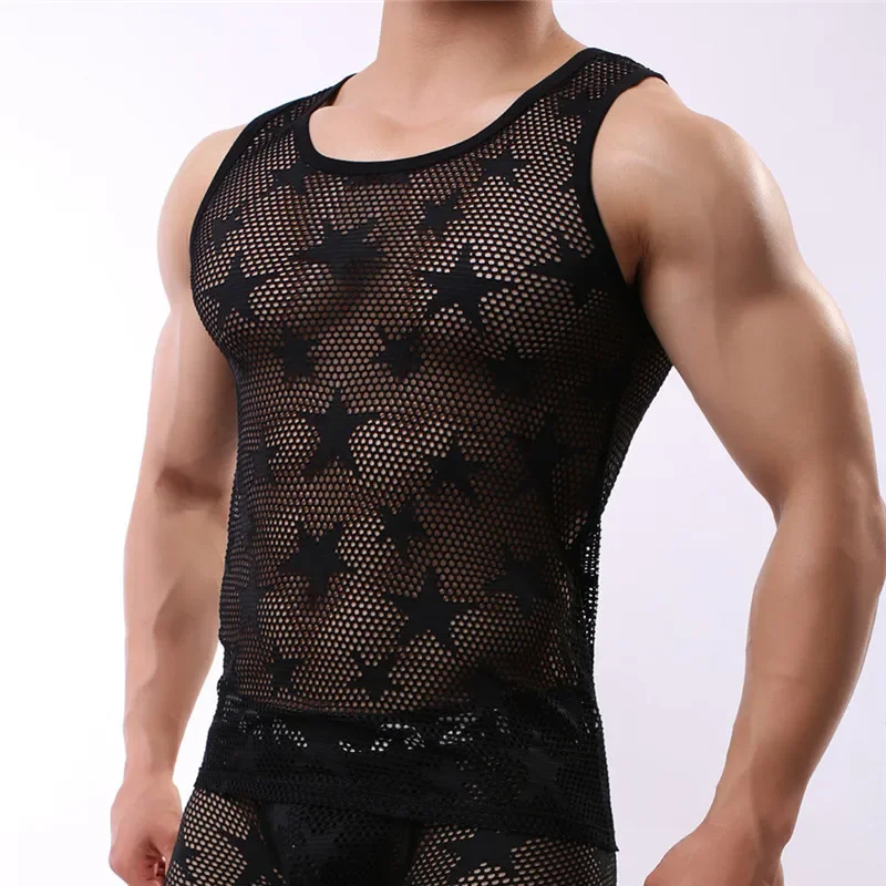 Mens Undershirts Sleeveless Gay Transparent Solid Tops Tees Vest Mesh Sexy Male Shirt Men Summer Wear Undershirts