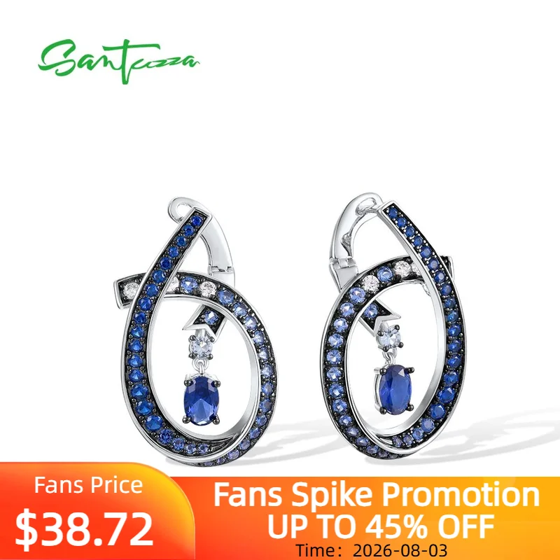 SANTUZZA Real 925 Sterling Silver Earrings For Women Sparkling Blue Spinel White CZ  Linear Geometric Party Gifts Fine Jewelry