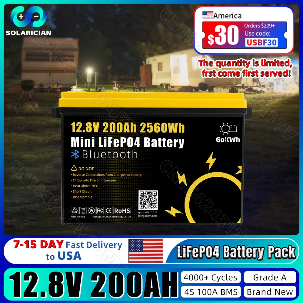 With BT Grade A 12V 200Ah LiFePO4 Battery Pack built-in 4S 200A BMS Rechargeable Cell Pack DIY 24V 48V For RV EV Golf Carts Boat