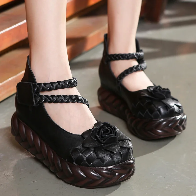 

Birkuir Retro Wedges Shoes For Women Genuine Leather Thick Heel Flowers Flat Platform Shoes Leisure Ladies Flat Platform Shoes