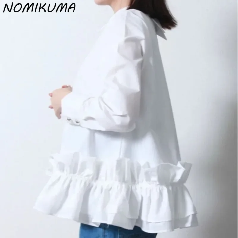 

Nomikuma Chic Ruffle Edge Decoration Women's Turn-down Collar Single Breasted Shirt 2024 Autumn New Blouse Top Camisas De Mujer