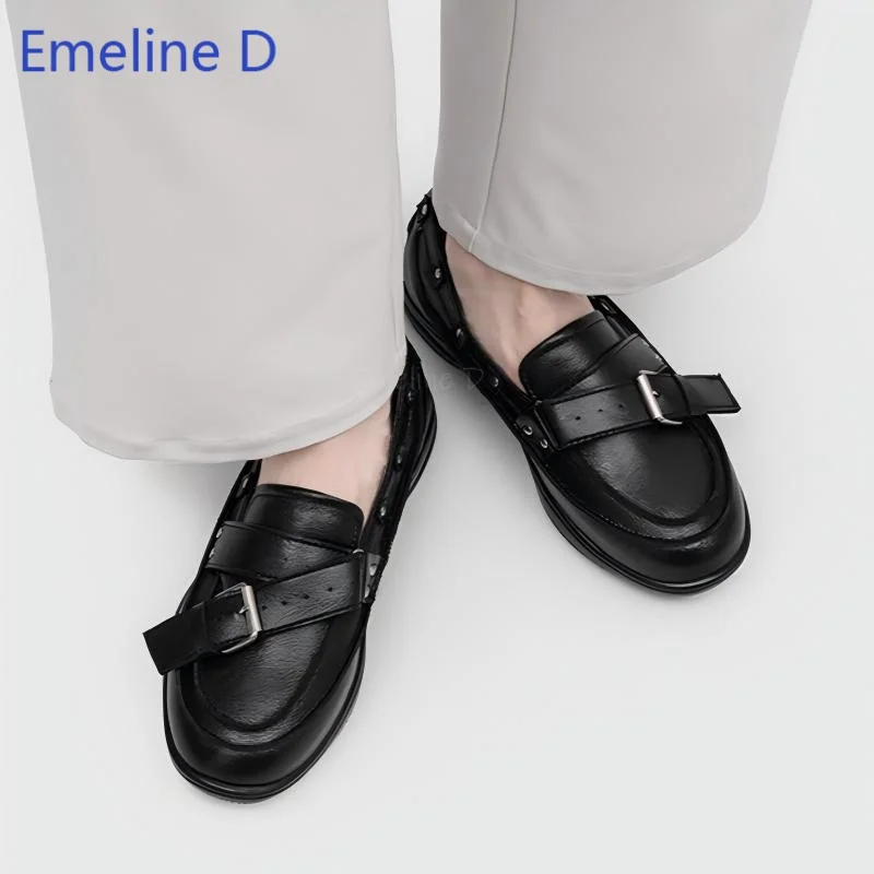 Male Vintage Loafers Textured Leather Upper Adjustable Metal Buckle Rivet Round Toe Thick Platform Sole Streetwear Leisure Shoes