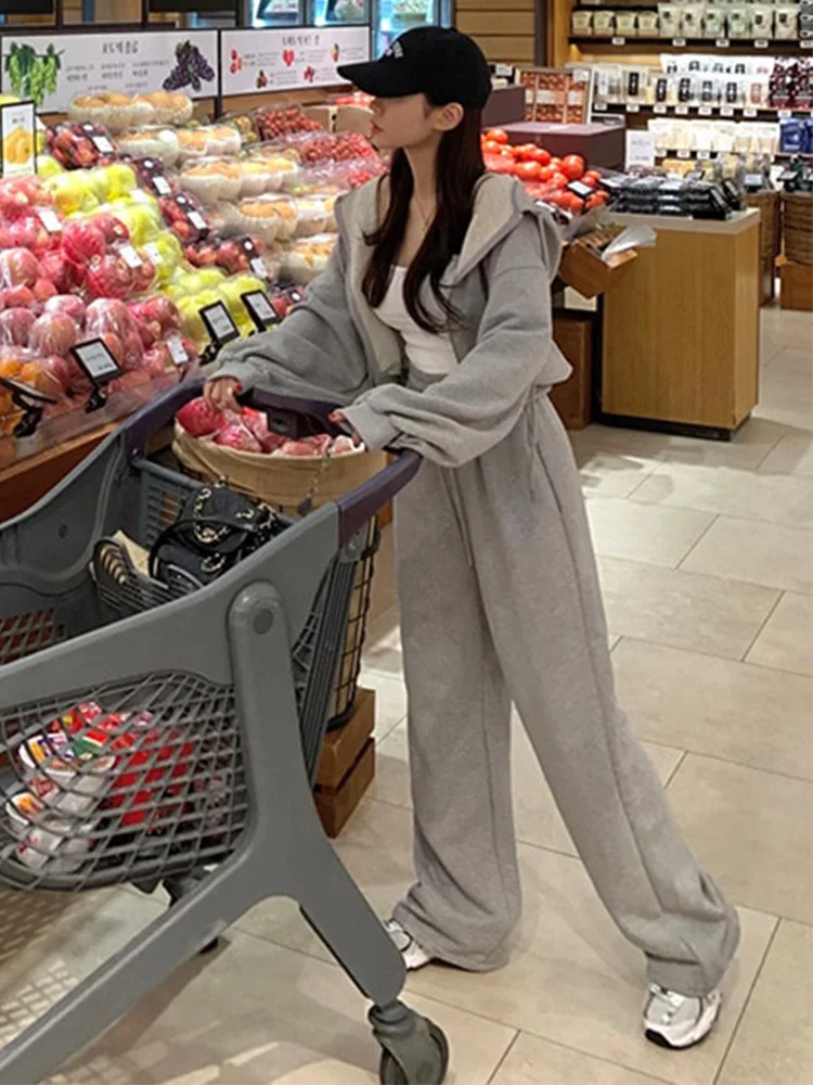 

Spring Autumn ort Hoodie Long Sve High Waist Wide Leg Pants Casual Sports Suit Two Piece Set Zipper Closure Polyester Fiber