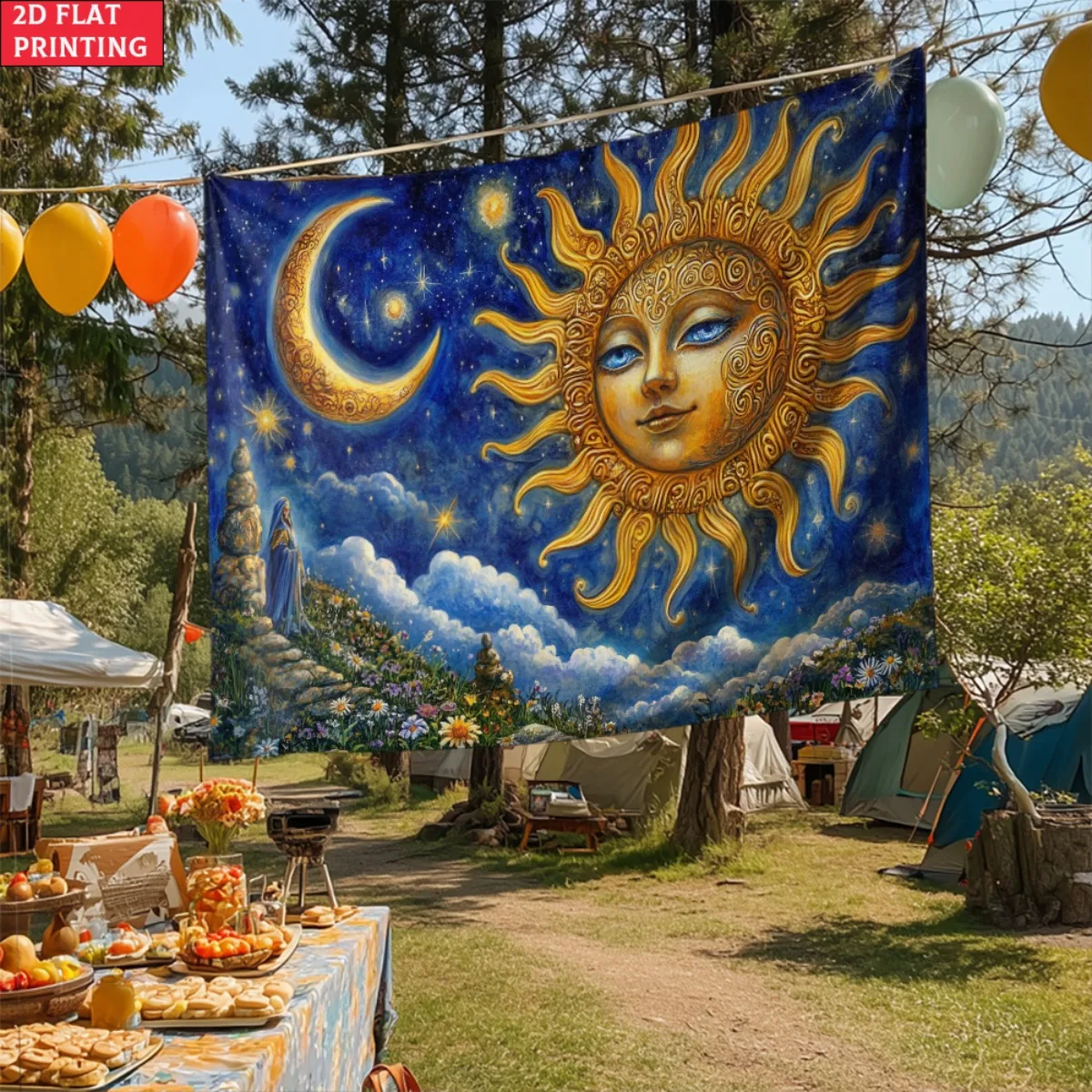 Sun Moon Celestial Sky Tapestry Cosmic Art Wall Hanging Astral Decor Bohemian Room Decor Spiritual Art Print