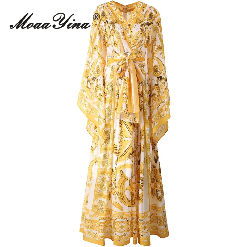 

MoaaYina Fashion Designer Summer Women's Dress Bohemian Print Sashes Temperament Fly Sleeve Chiffon Flutter Long Dresses