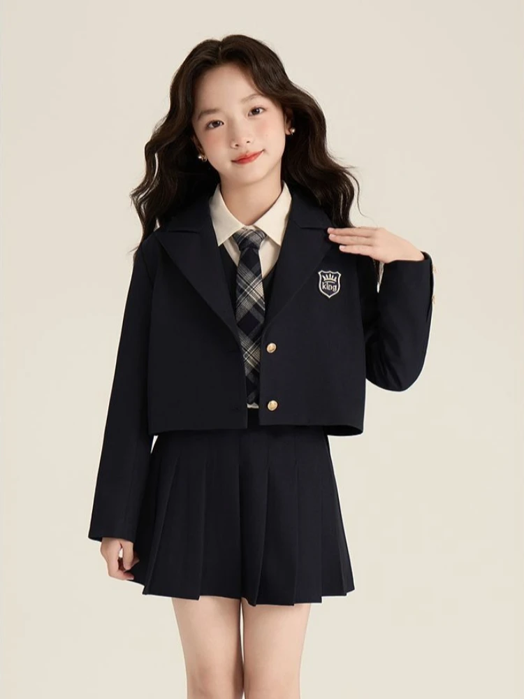 Girls Preppy School Uniform Set 2026 Autumn New Elegant Blazer Shirt Vest Pleated Skirt Outfit for Children​