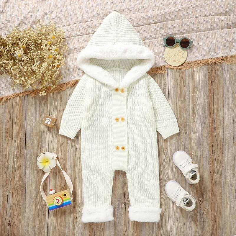 Baby Rompers Knit Infant Girl Boy Jumpsuit Fashion Solid Hooded Newborn Kid White Clothes Long Sleeve 0-18M Overalls Warm Autumn