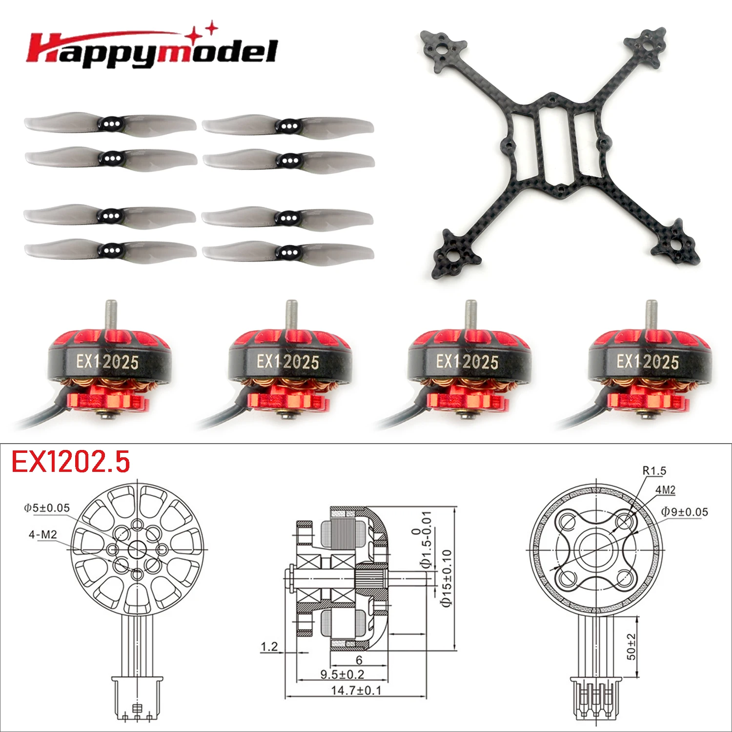 HappyModel Brushless Motor EX1202.5 6400KV with Crux3 115mm Toothpick Frame Kit Gemfan 3018 Propeller Combo for RC FPV Drone DIY