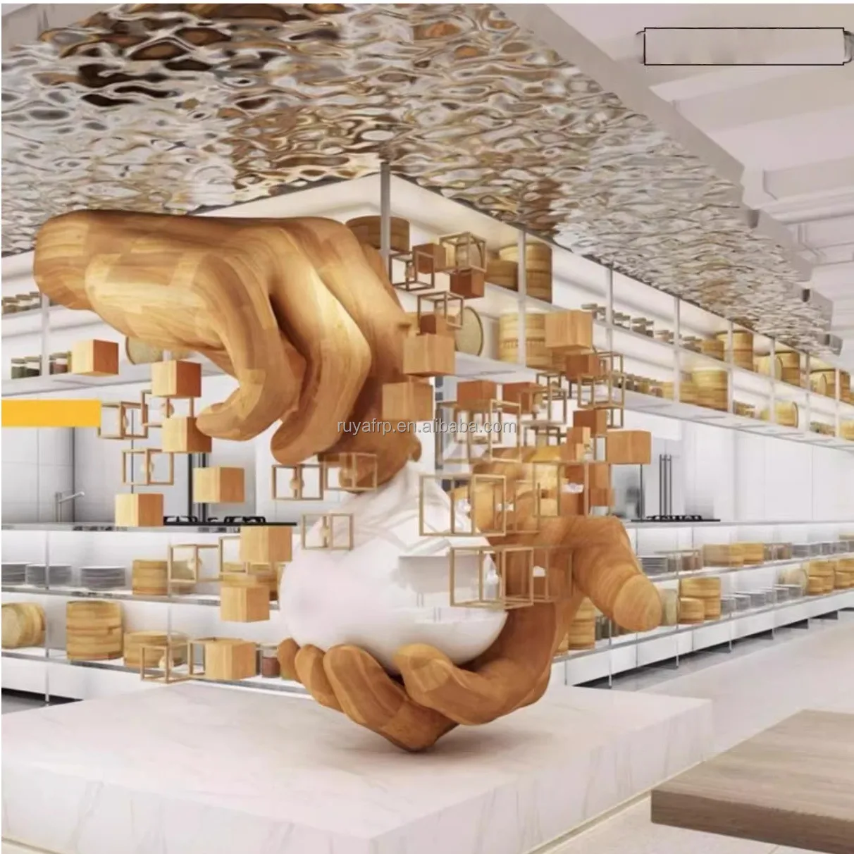 Artisan-Made Large Solid Wood Hand Sculpture Customizable Decor for Mall Restaurant Public Space Handcrafted Unique Art