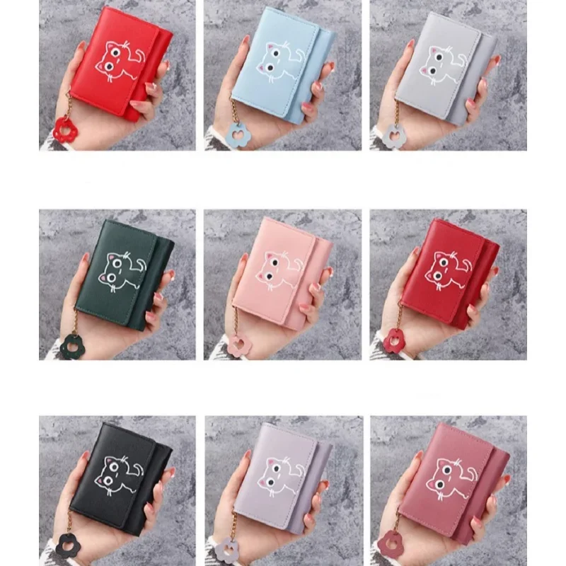 Cartera pequeña de cuero con diseño de gato para mujer, monedero pequeño, tarjetero, moda femenina