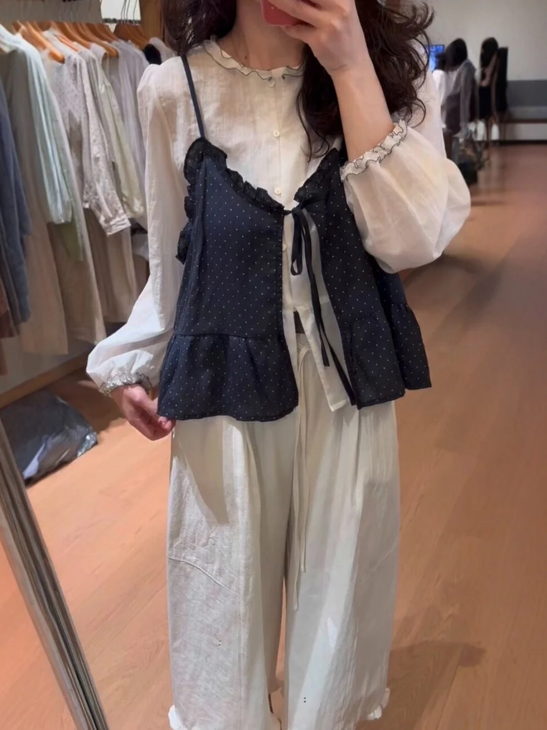 

Корейский стиль: милый топ в горошек на бретельках для женщин, многослойная одежда для ранней весны, рубашка-бэбидолл из двух частей, топ-рубашка