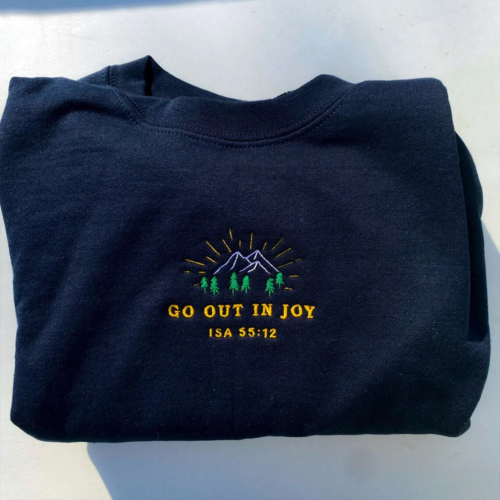 Go Out in Joy Retro Christian Sweatshirt Embroidered Nature Crewneck Worship Pullover Unisex Loose Thick Warm Fleece Sweatshirts