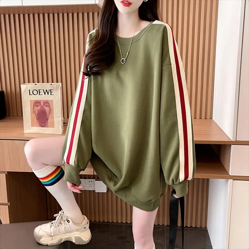 Striped Loose Green Pullover Round Neck Spring and Autumn Baggy Sweatshirt for Women Long Woman Tops Korean Fashion Outerwears E