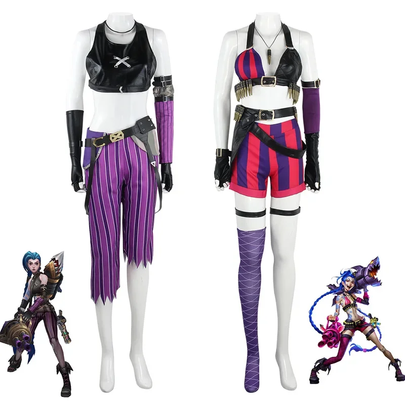 LoL Jinx Costume Cosplay LoL Arcane Jinx Uniforme Cosplay Abiti Vestito di Carnevale di Halloween Donne Sexy Party Top Pantaloni Parrucca Set