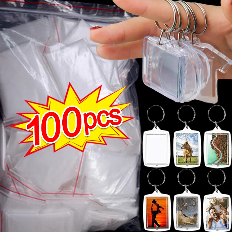 100Pcs Blank Acrylic Picture Keychain DIY Clear Insert Photo Split Key Ring Frame Key Chains Couple Anniversary Graduation Gift