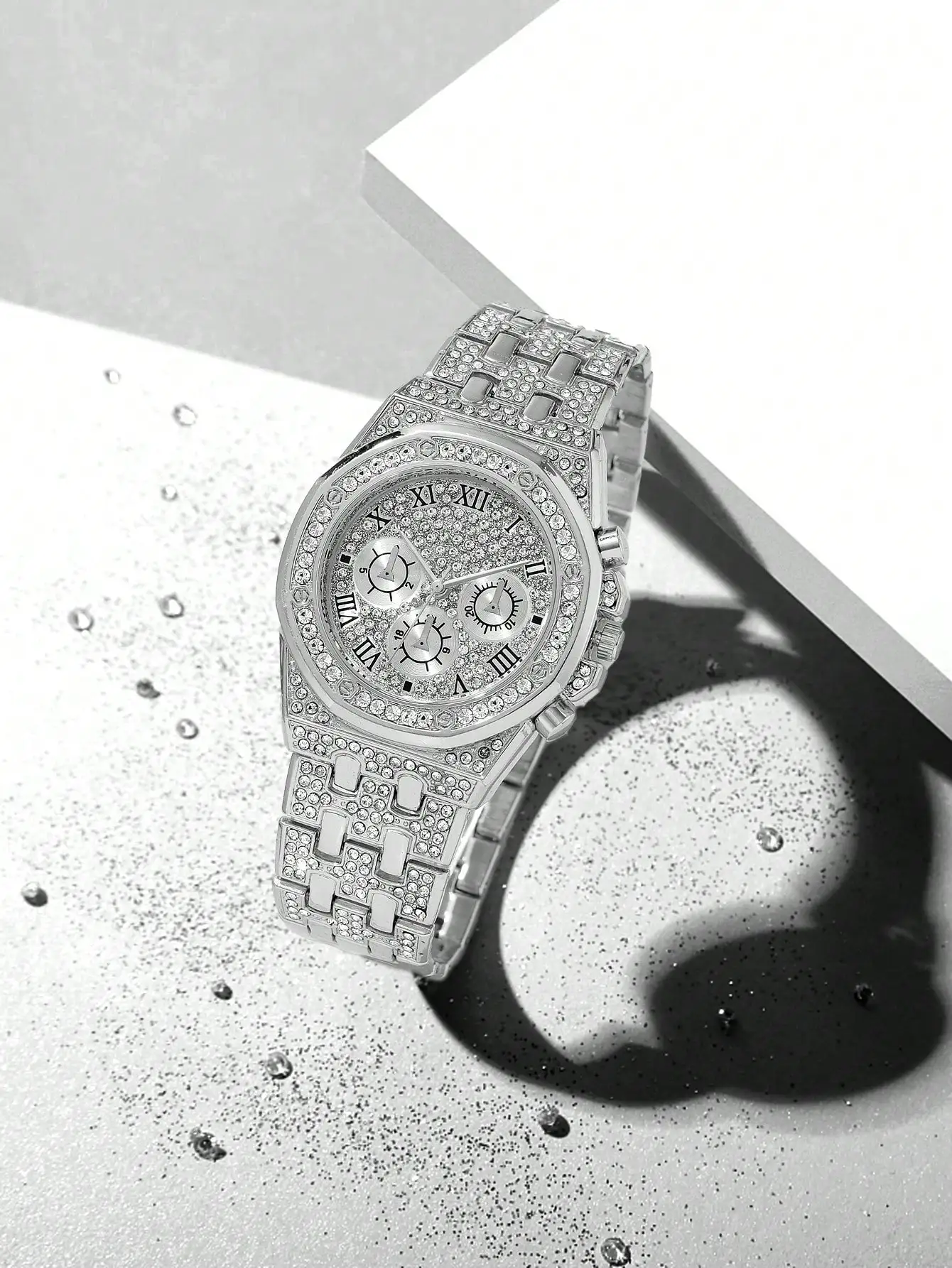 Steel strip men's watch, fashionable starry sky with diamonds, three eye Roman numeral quartz watch