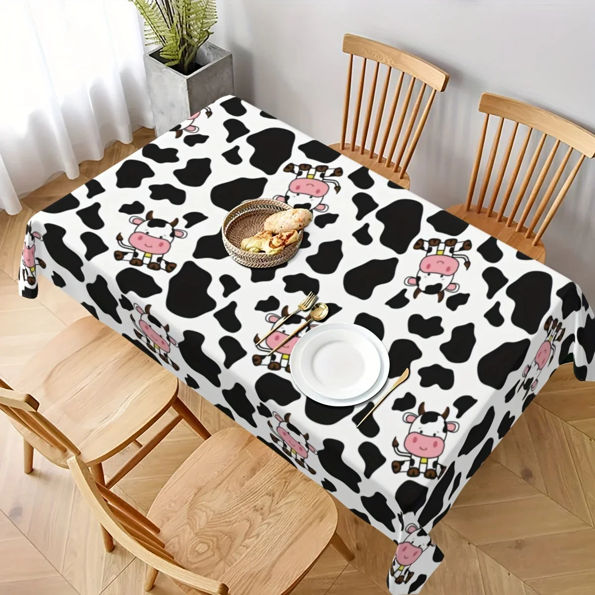1pc Cartoon Cow Print Tablecloth Black And White Milk Cow Pattern Table Cover For Kitchen Dining Room Decor Dustproof Oilproof