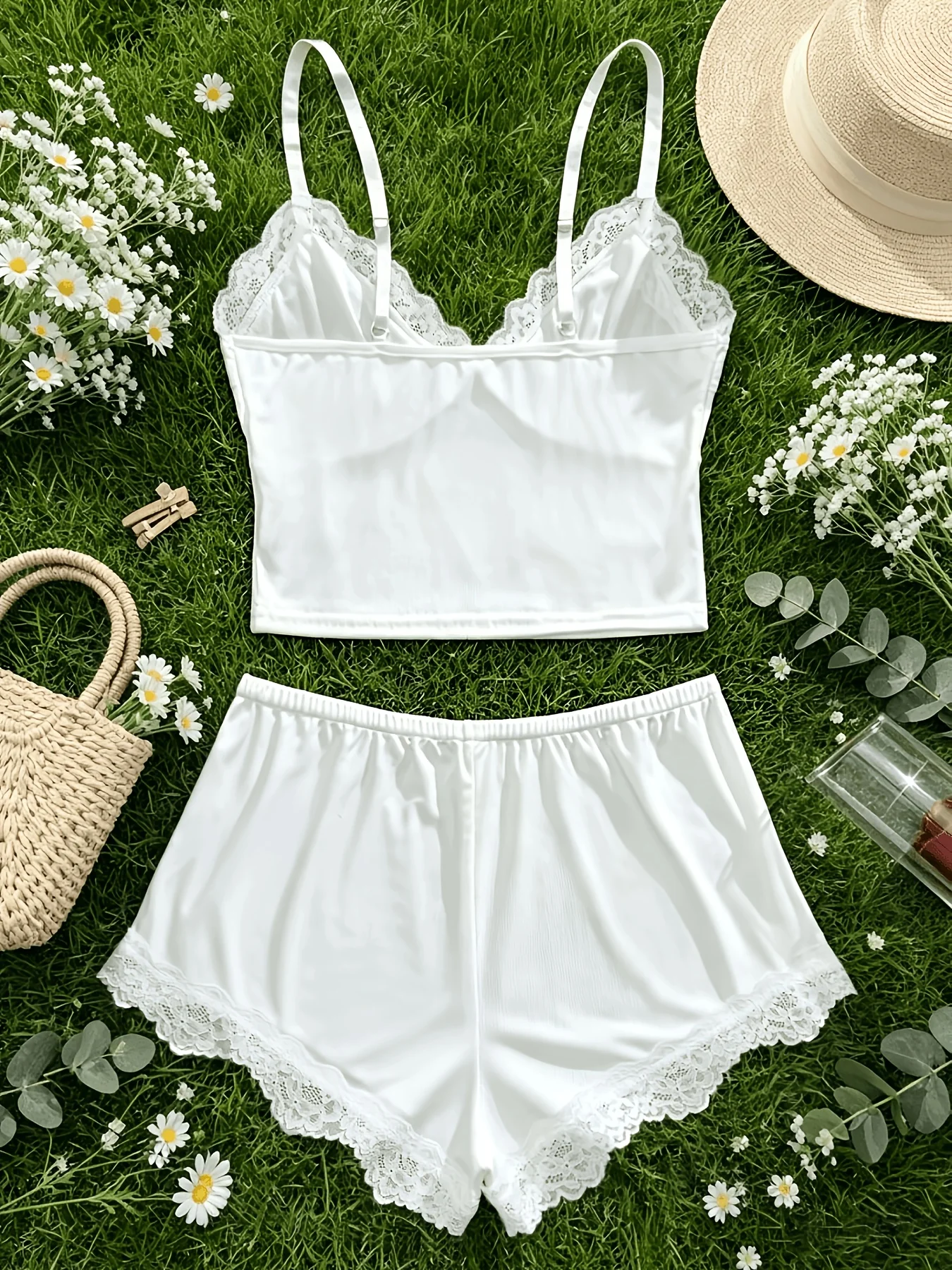 Women Sleepwear 2pcs Floral Contrast Lace V Neck Solid Color Bow Top & Shorts Pajamas Set Suit Home Clothes Loungewear
