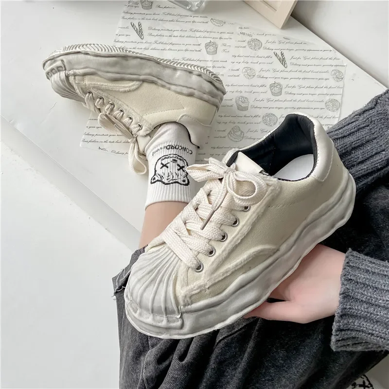 Women's Canvas Sneakers Dirty Shoes New Student Canvas Thick Dissolving Heels White Shoes Lace Up Sports Shoes for Women