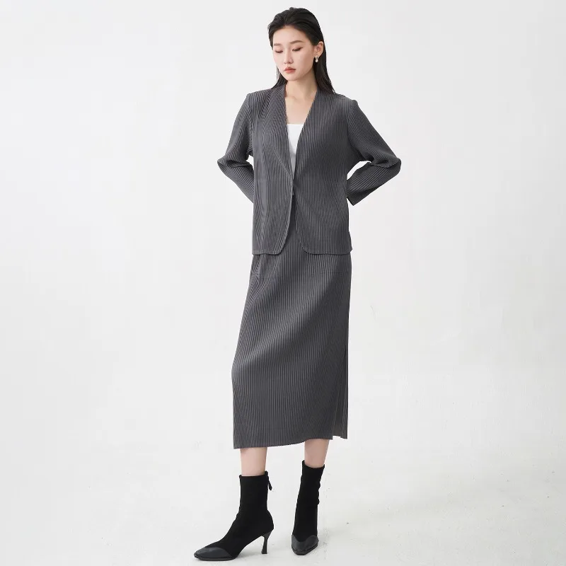 Pleated Women's Cardigan Jacket Fall New Long Sleeve Top Simple Stretch Set Career Split Half Skirt 2 Piece Set  Europe