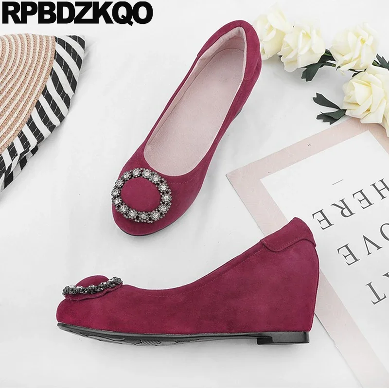 Shoes 33 Pumps Crystal Round Toe Wedges Sheepskin Jewel Small Size Rhinestone Slip On Nubuck Height Increase High Heels Women