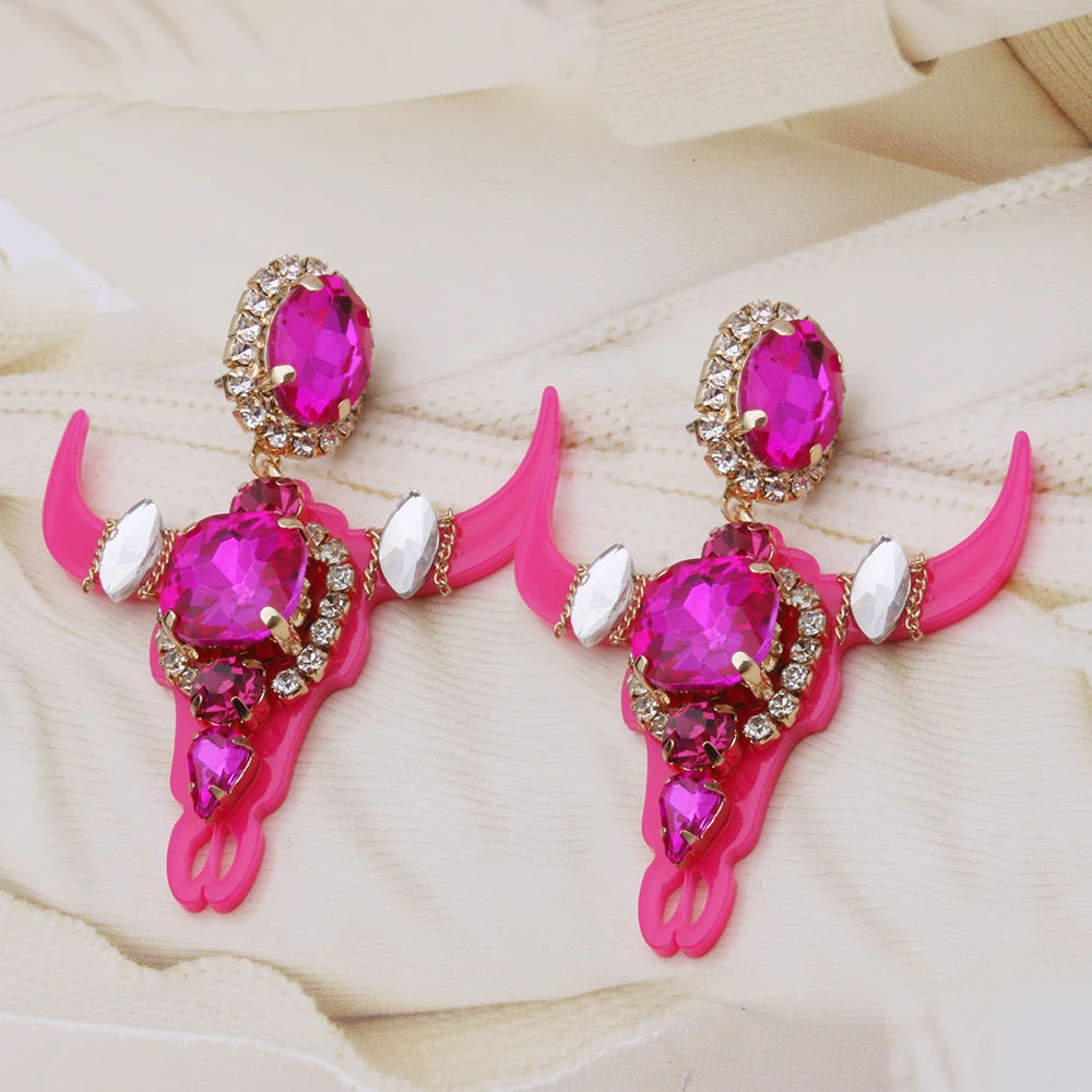 New Gothic Bull Personality Oxhorn Orange Rose Earrings Resin Glass Woman Crystal Large Brinco Ear Oorbellen Wholesale gift