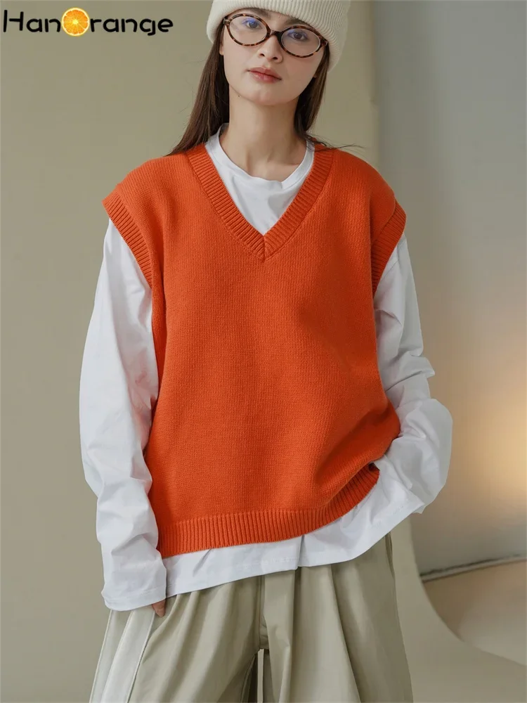 HanOrange 2025 Early Spring Fashion Silhouette V-neck Knitted Vest Women 100% Cotton Loose Sleeveless Sweater Orange/Beige