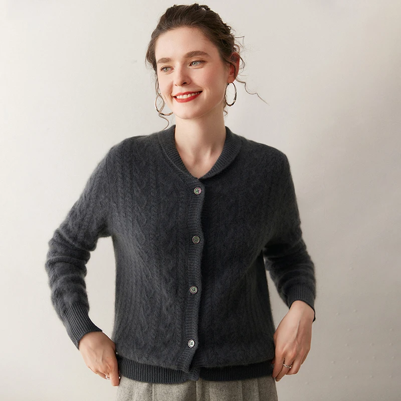 

Autumn Winter 100% Cashmere Lapel Cardigan Sweater Women O-neck Soild Twist Flower Button Loose Soft Kintwear Tops Light Luxury