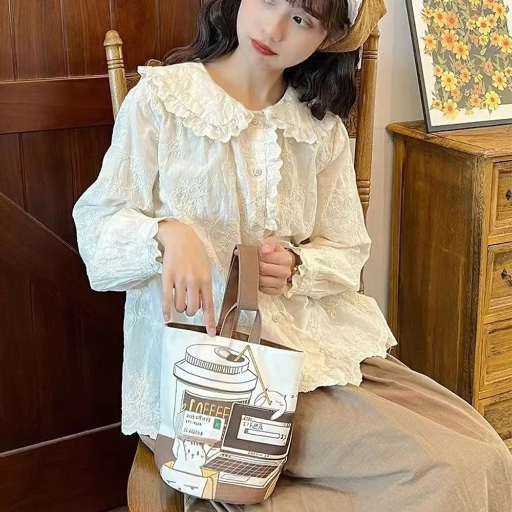 

Large Capacity Cartoon Coffee Cat Bucket Bag Korean Style Canvas Handbag Mummy Bag Shopping Bags Tote Bag Lunch Bag Travel