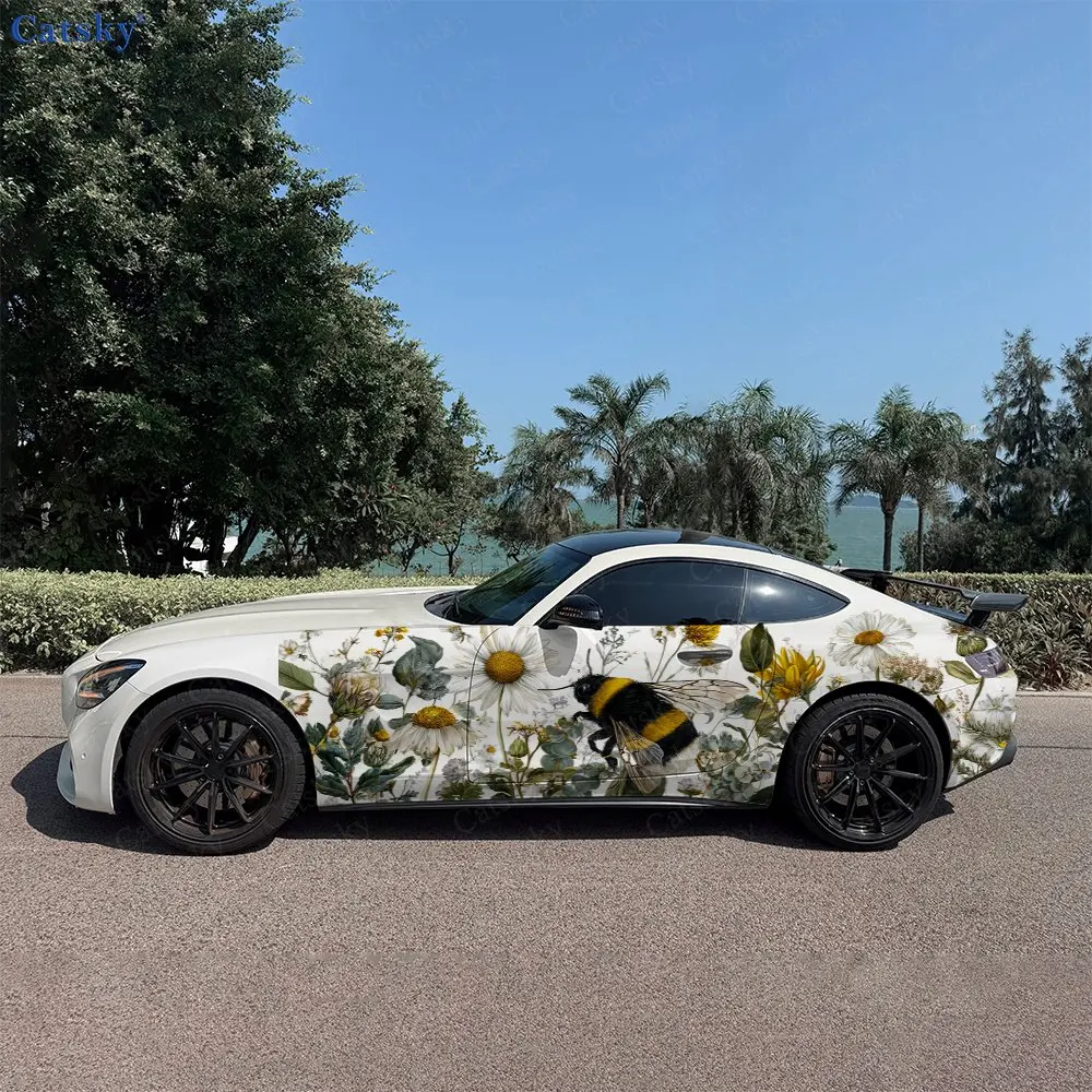 

Summer Bee In Flower Car Side Wraps, Self-Adhesive PVC Waterproof & Scratch-Resistant Stickers, Car Accessory Gift