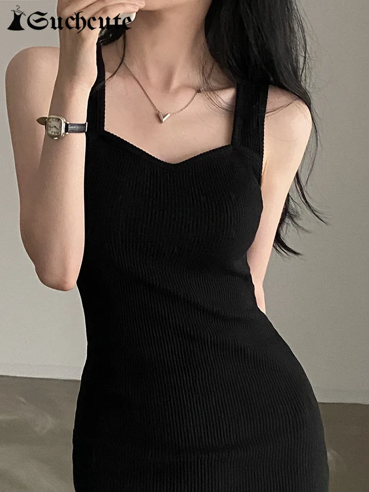 SUCHCUTE Korean Fashion Elegant Mini Dress Sexy Low Cut Party Long Dresses Women Vintage Dark Casual Black Bodycon Outfits 90s