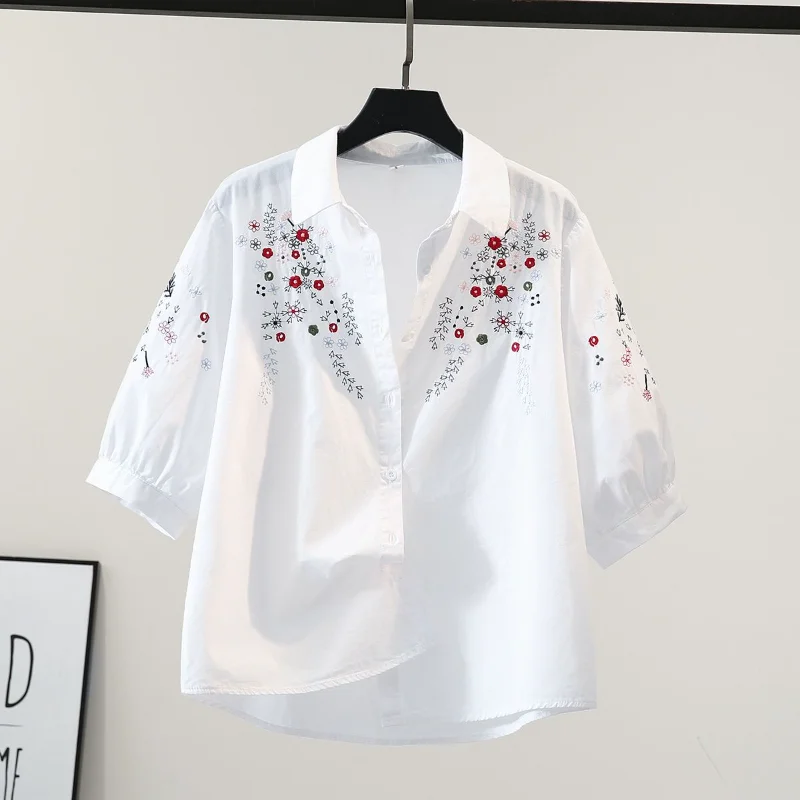 

National Embroidered Short-sleeved Shirt for Women High-end Light Luxury Design Niche Chic Top