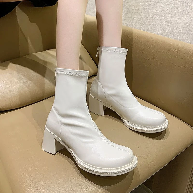 Short Shoes for Women Very High Heels Punk Style Booties Combat Female Ankle Boots White Footwear Heeled Round Toe Fashion 2024