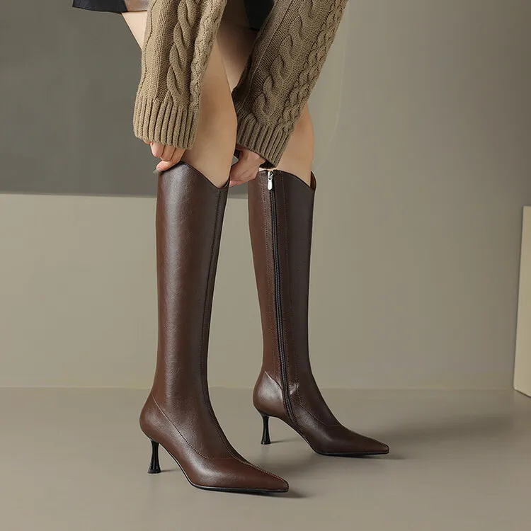 2023 Autumn/Winter New Style Fine Heel Pointed Long Boots with Knee Side Zipper High Sleeve Boots Pointed Cowhide Western Boots