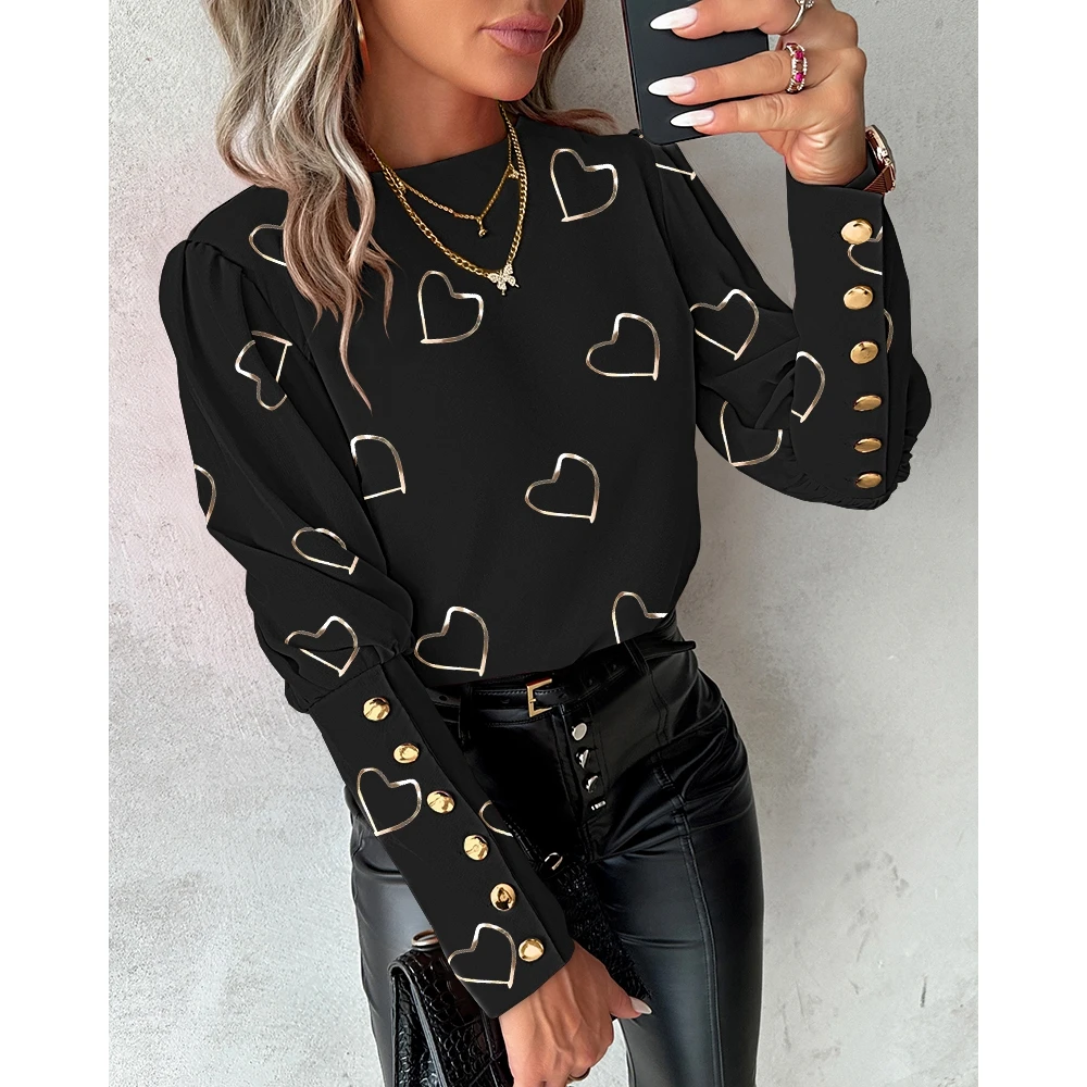 2024 Women Heart Print Gigot Sleeve Top Casual Back Buttoned Decor Blouse Spring Fashion Femme Round Neck Tee Shirts Streetwear