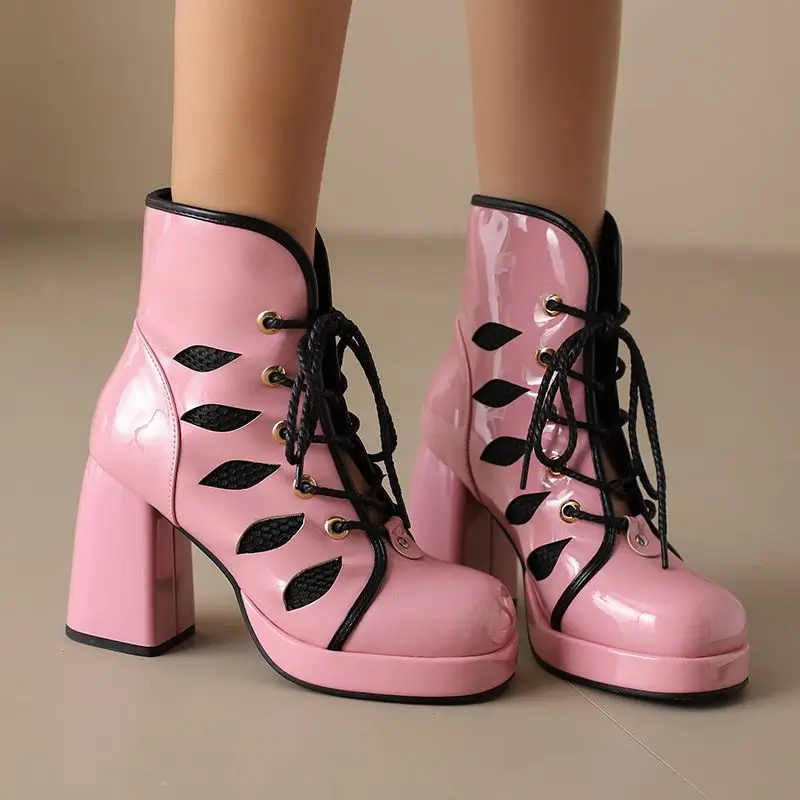 

Girseaby/женские модные ботильоны с круглым носком, блочный каблук 9 см, платформа 2,5 см, шнуровка, дышащая сетка, размер 41–43, стиль для свиданий