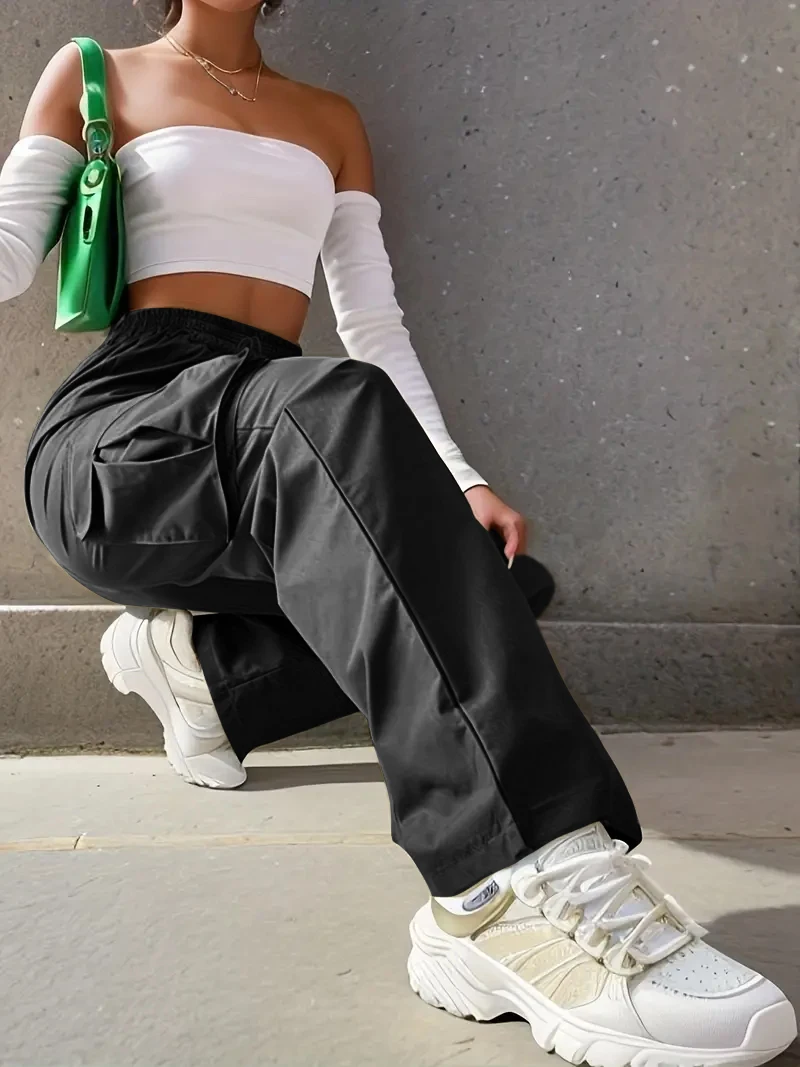 Pantalones de pierna ancha de cintura alta para mujer, múltiples bolsillos, ropa informal y atlética