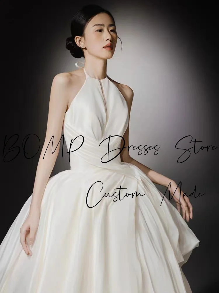 BOMP クラシックウェディングドレス ホルタープリーツ Aライン フロアレングス アイボリー オーガンザ 韓国写真撮影 ブライダルレセプションドレス カスタム エレガント