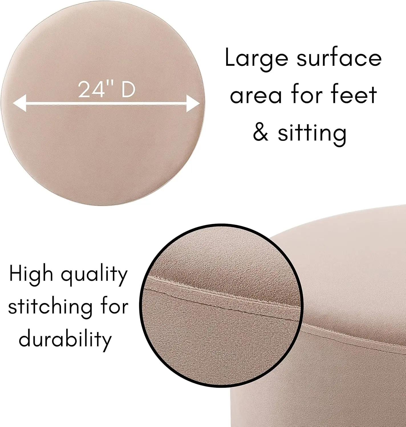 وسادة عثمانية مخملية مستديرة كبيرة مع حواف فضية - مسند قدم ناعم لغرفة المعيشة وغرفة النوم والمكتب - رمادي داكن